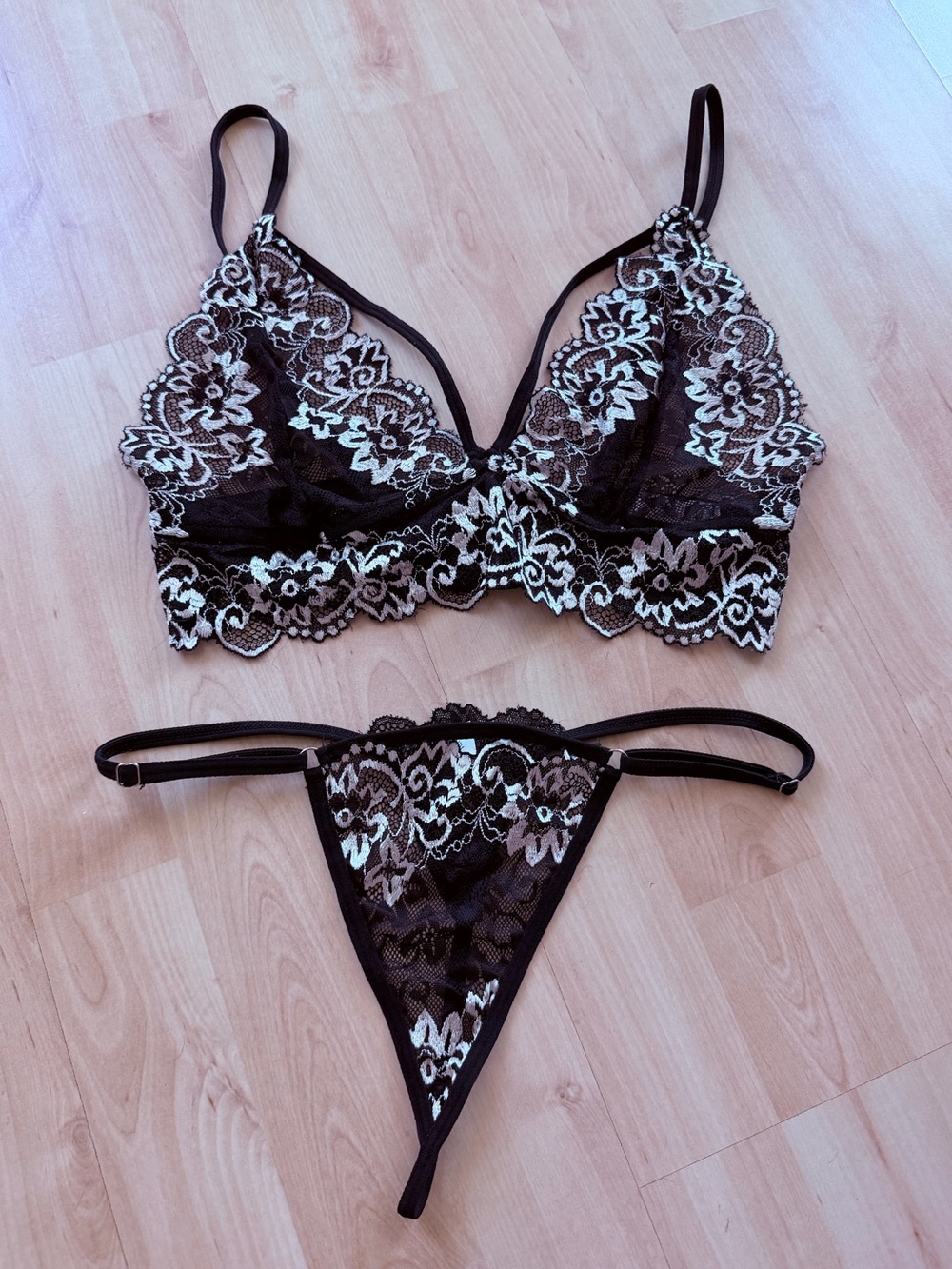 Sheer Black & White Lace Bralette and Thong Set